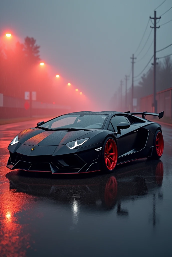 masterpiece black Lamborghini Aventador svj standing in which side with full body kit modification in aggressive look red colour alloy wheels in some fog and some rainy evening sunset time front look