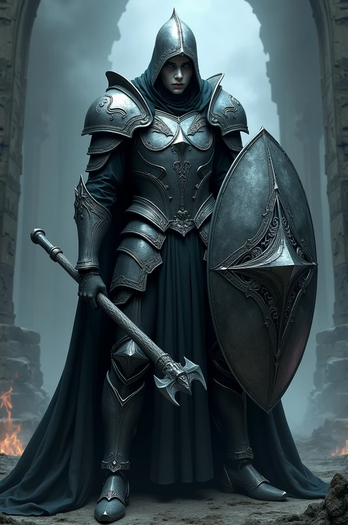 Male elf dark short hair vampire skin dark blue eyes no beard with silver heavy armor and silver closed helmet , mace and tower shield