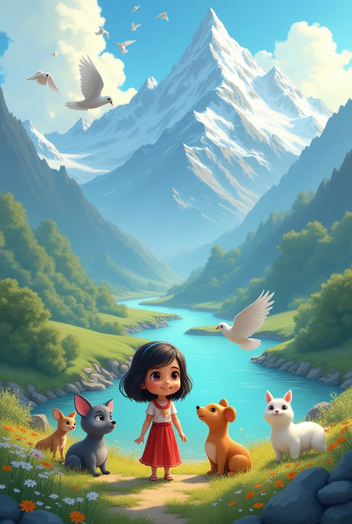 Mountain and rivers background and pigeons and the name is Kiran and cute animals