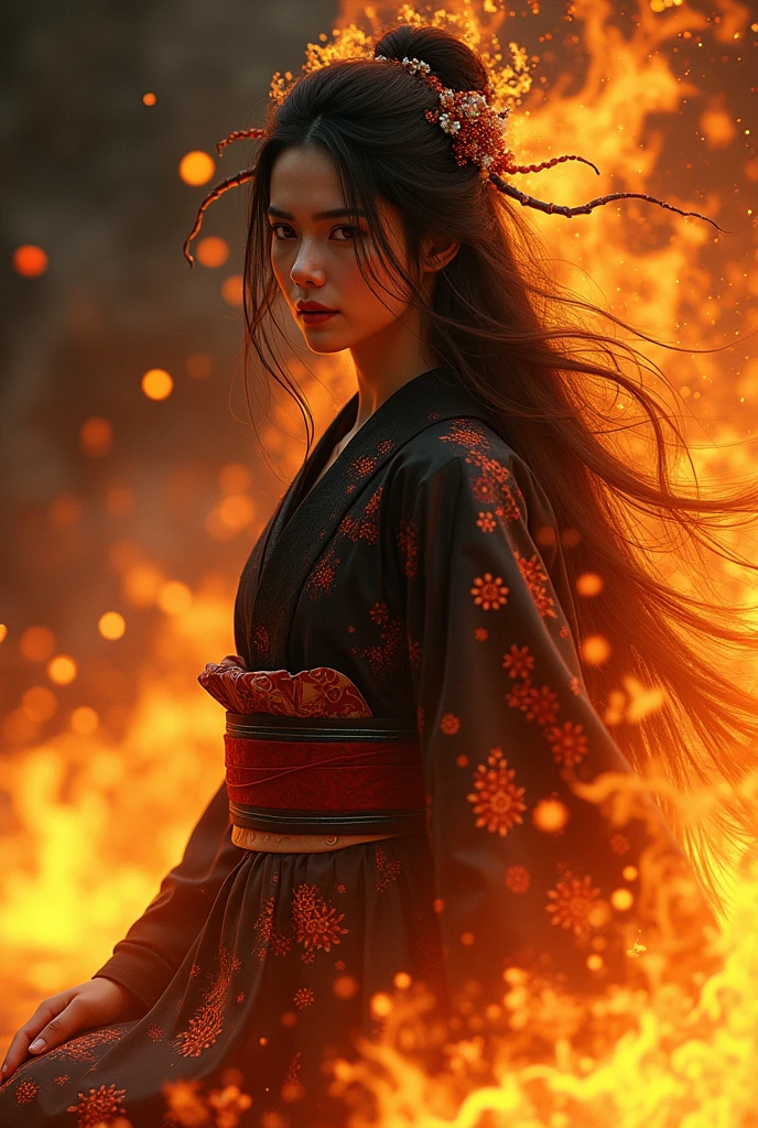 high quality、Ultra delicate、8k、Beautiful Japanese woman posing with flames on her body、The model for the flames is a black long-sleeved kimono、The pattern is demon、The background is dark fantasy、The background is dark、The background is another dimension、The background is flickering、The background is mysterious、The spirit of fire floats around and clings to you.、face distorted in pain、Anthropomorphic incarnation of fire、Oiran Queen Style