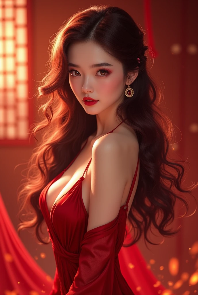 Feng Yulan has a charming appearance with long, wavy red hair that reaches her waist., as if every strand radiated a burning fire. His eyes are sharp and ruby red., and her full dark red lips often formed a thin, seductive smile.. With smooth skin like porcelain, she wore a red silk dress with a low cut, highlighting her perfect curves and charm that is hard to ignore.