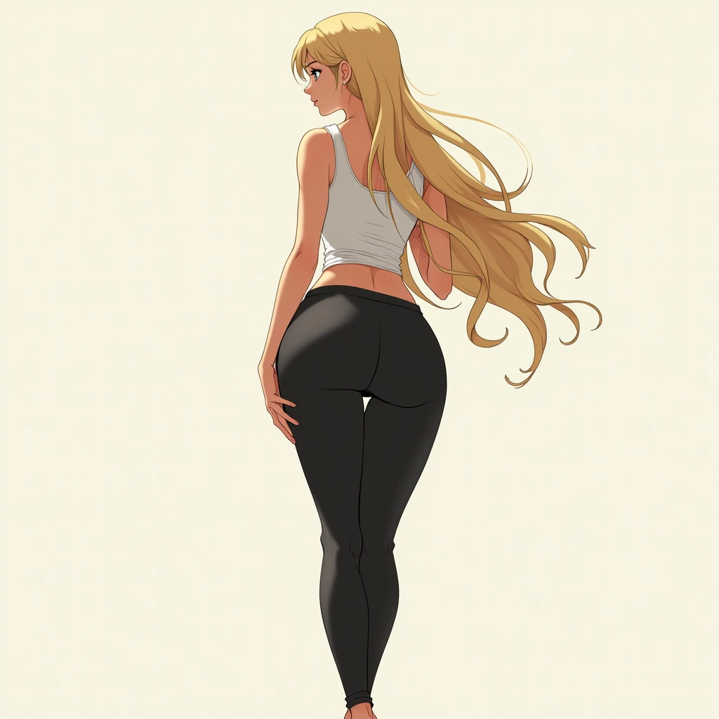 anime girl, long blonde hair, plain background, white tank top, slightly exposed midriff, tight black yoga pants, tall, curvy hourglass figure, prominent hips, from behind, not looking at viewer, walking and swaying hips.