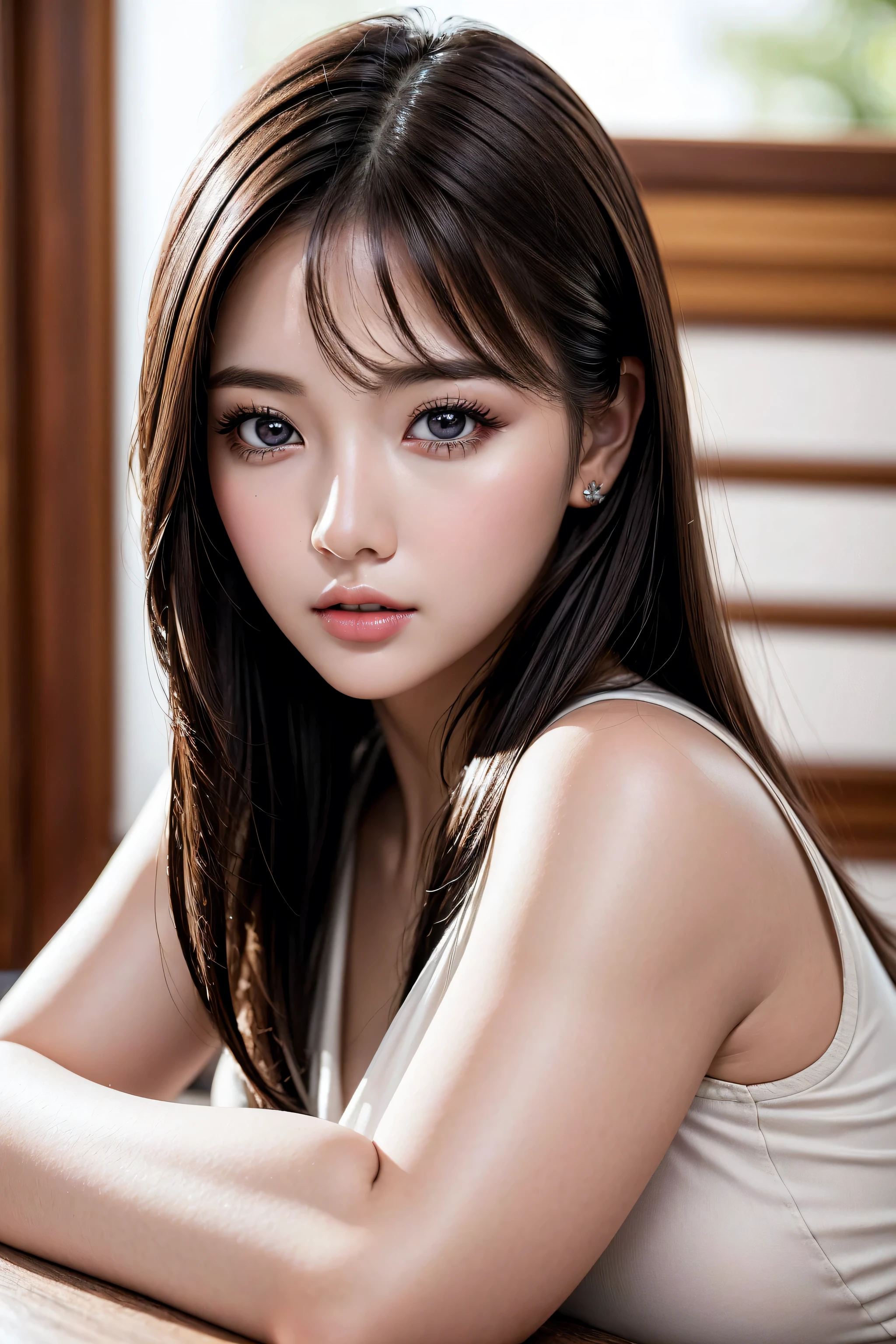 Realistic (photorealistic Realism,highres), ultra realistic details: velvety skin, pupils. (best quality photography, professional photography), (glamour shot of girl:1.2), masterpiece, best quality, ultra-detailed, intricately detailed hyper detailed, realistic, sharp features, highly detailed, sharp focus, A very beautiful and cute young Japanese girl, perfect face, perfect symmetrically eyes, perfect lips, flexible female form, hyper detailed, hyper realistic, high resolution, bangs dark brown hair: 1.1, (office uniform), ultra-detailed face, detailed lips, detailed eyes, double eyelid, in the dark, deep shadow, low key, cold light, (fantasy library background),