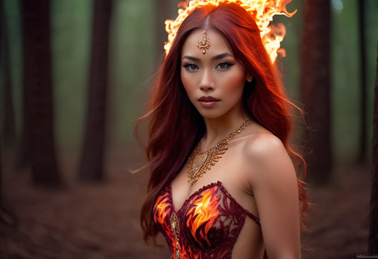 A fire sprite (cute woman, patches of flame dance on her skin, sheer flaming dress very revealing, light red skin, deep red eyes, flame hair), seductive graceful dance, setting woods aflame