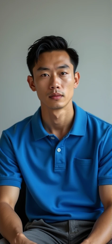 1man, Sitting on the chair, short hair, flat and wrinkle free, Chinese, Blue polo shirt, looking at the camera, posing in the style of fashion magazines, UHD, super detail, textured skin, masterpiece, highres, high quality, best quality