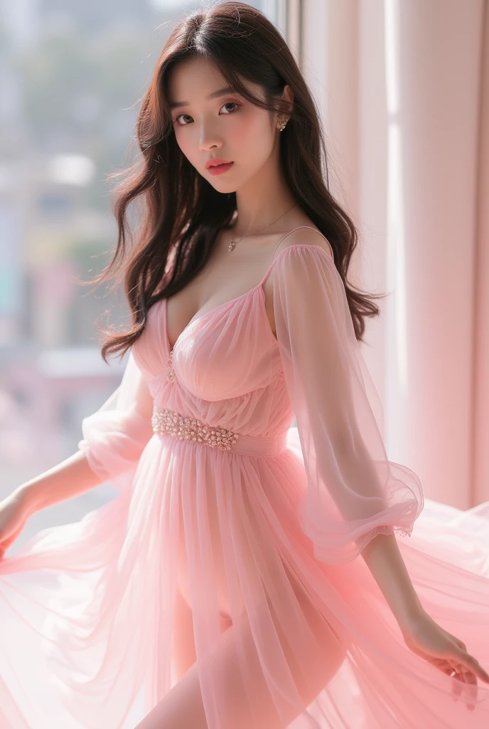 (Pastel Pink Dress、See-through:1.4)、Female K-pop idol、Medium chest:0.8、Cleavage