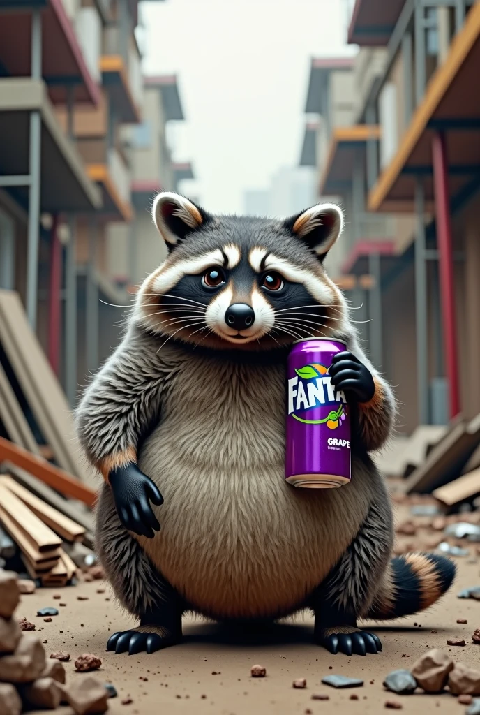A fat raccoon holding a Fanta grape、high resolution、Eye Crawling、Construction site、