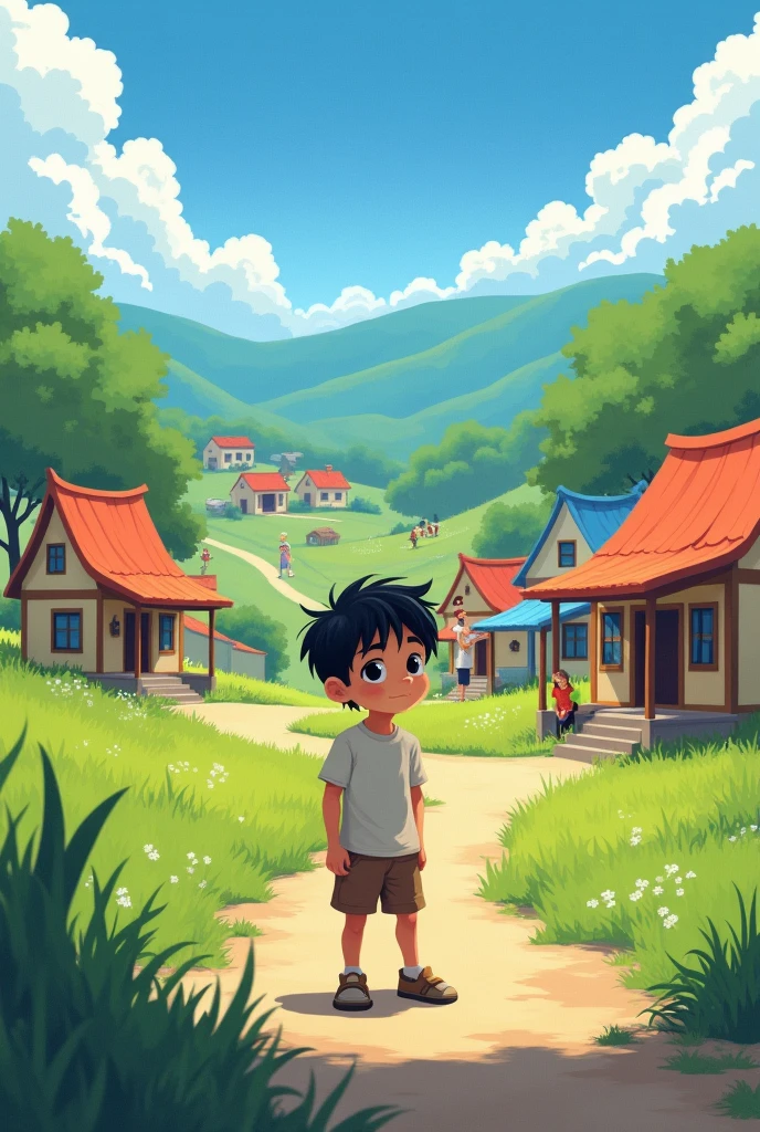 Village Scene:
Prompt: A beautiful, peaceful village called Sunnyvale, with small, colorful houses, lush green fields, and a clear blue sky. Children are playing happily, and villagers are seen going about their daily routines. A young boy named Aryan, around , with short black hair and wearing a simple t-shirt and shorts, stands in the foreground, looking thoughtfully at his surroundings, wondering how to make the village more exciting.