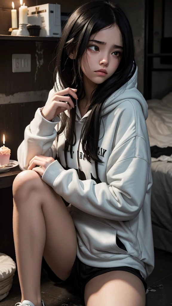 girl, black hair, porcelain skin, dirty hoodie, dark lonely apartment, 1 cupcake with 1 birthday candle, depressed girl, crying, lonely, fetal position