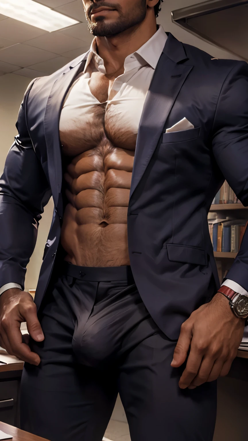 Front open Office suit and showing hairy chest close up focus indian perfect wetty big hairy monster bulge in pant, masterpiece
