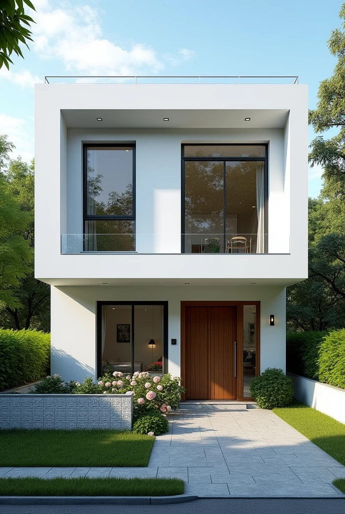 RAW photo, Masterpiece, high quality, best quality, realistic, super detailed, exterior, outdoor, townhouse, located in the city, (white wall :1.4), glass windows, (gray roof :1.1), decorative tiles on small wall, , trees, beautiful sky, grass, stone walkway, view from height (date:1.1), vivid colors, vray, (sunlight sky:1.1), decorative wooden paneling, wooden door frame, flower bed in front of the houseforest background , highlight with black wood and clear light . all part of house make it modern and high classic. the garden make it beautiful.