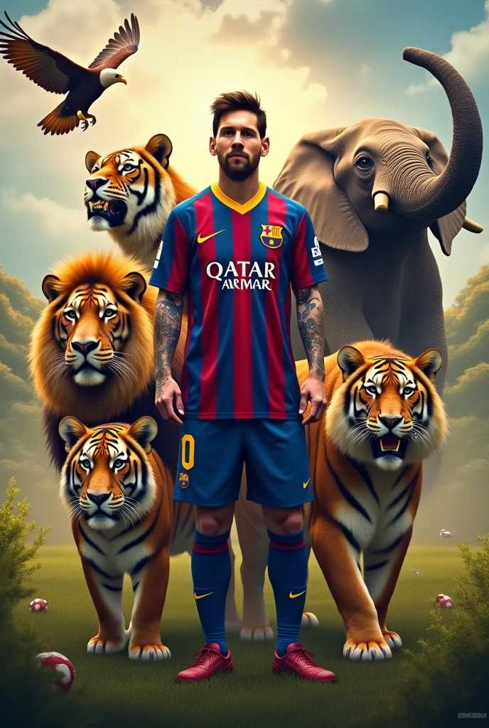 Messi with many animal like lion,tiger,,eagle,elephant,