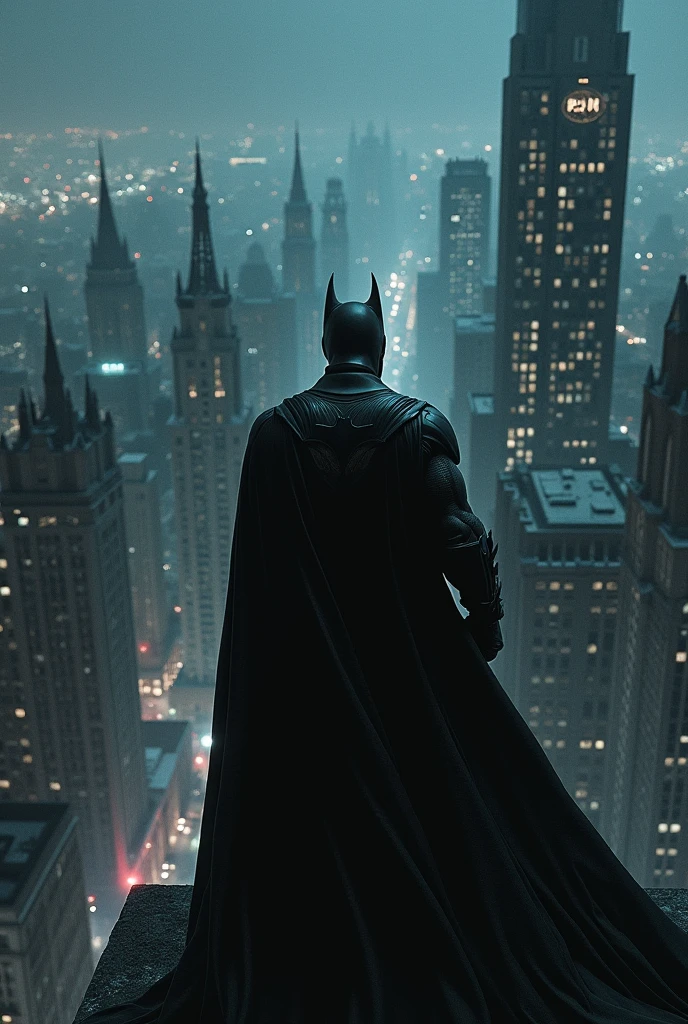 Batman looking from a tall facing the gotham city from the tall building view