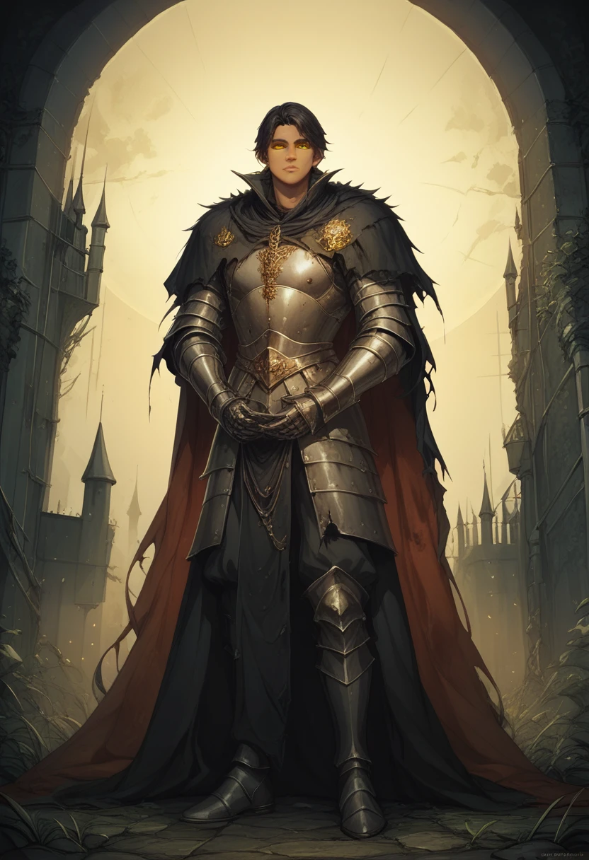 dark man, cabelos longos e negros, yellow  eyes, medieval knight, Black full body armor with black fur on the shoulders and torn cape, ダークファンタジー, dark Castle