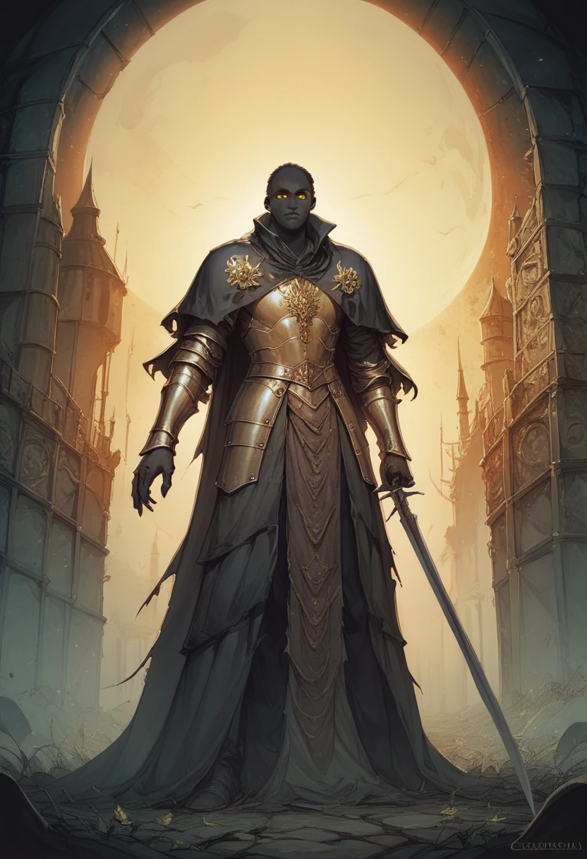 dark man, cabelos longos e negros, yellow  eyes, medieval knight, Black full body armor with black fur on the shoulders and torn cape, ダークファンタジー, dark Castle