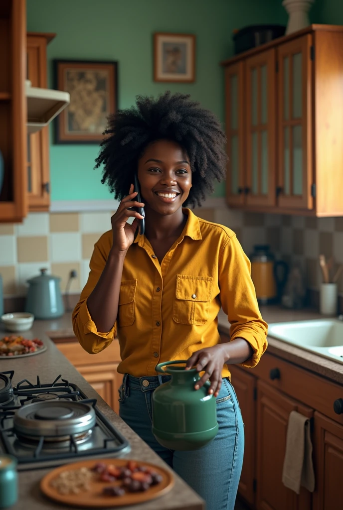 An image of a kitchen with a gas cylinder near the stove, a black woman receiving a phone call in the kitchen and no ventilation