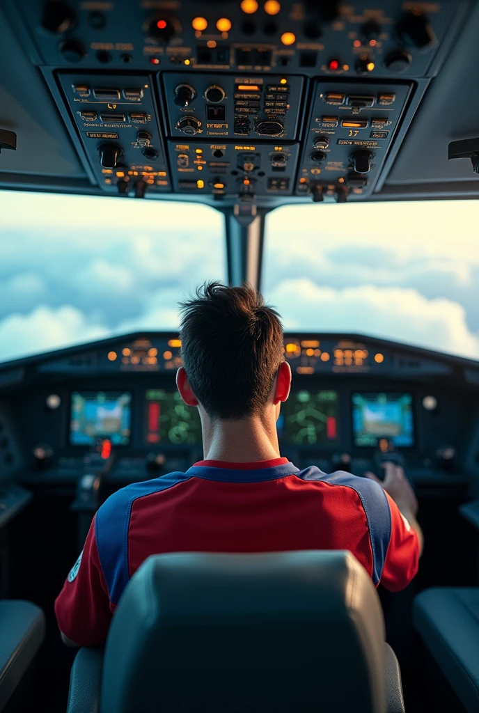 Messi is driving a huge big plane .camer is in front of messi's face