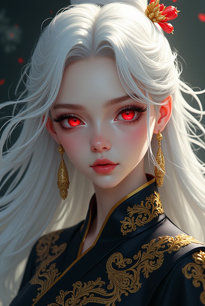 A white-haired woman with ruby red eyes wearing black Chinese style clothes with gold patterns, anime art elrgean