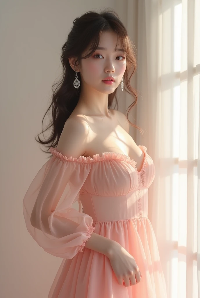 (Pastel Pink Dress、See-through:1.5)、Female K-pop idol、Medium chest:0.8、Cleavage
