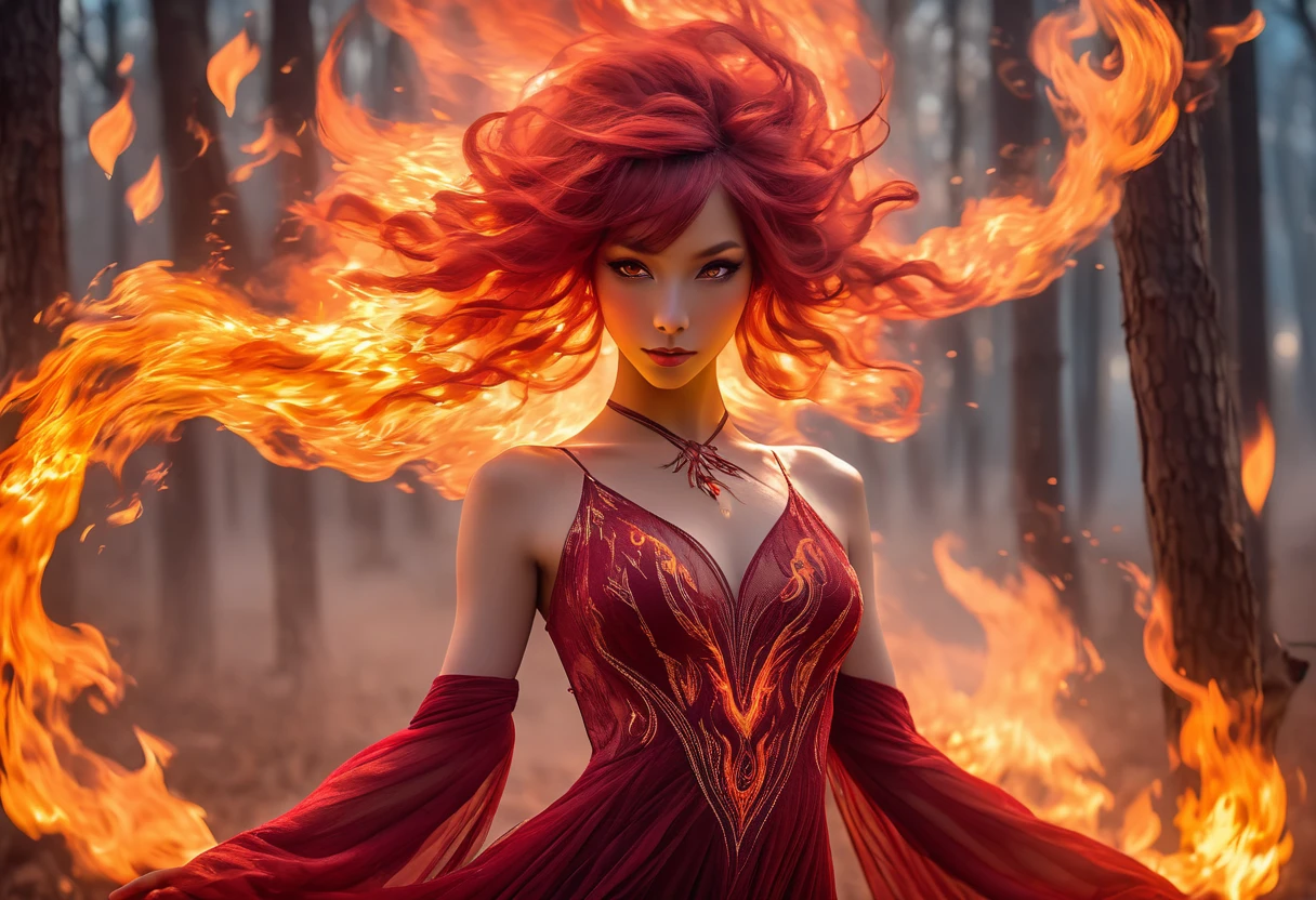 A fire sprite (cute woman, patches of flame dance on her skin, sheer flaming dress very revealing, light red skin, deep red eyes, flame hair), seductive graceful dance, setting woods aflame
