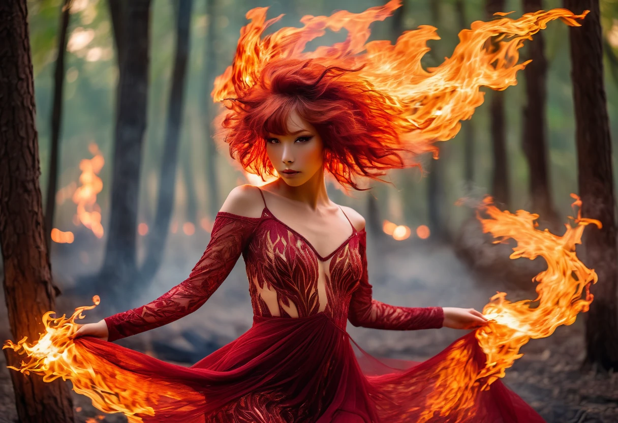 A fire sprite (cute woman, patches of flame dance on her skin, sheer flaming dress very revealing, light red skin, deep red eyes, flame hair), seductive graceful dance, setting woods aflame
