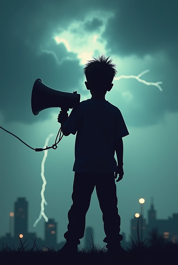 Punk kid holding a loudspeaker from the back view of a small silhouette and background of clouds and thunder