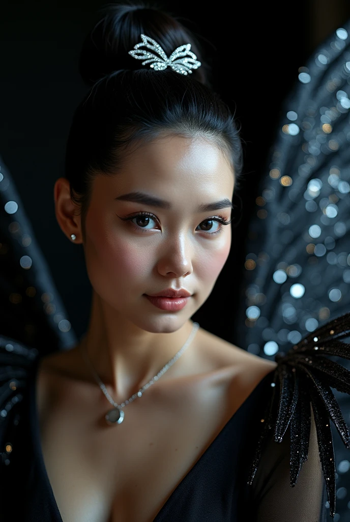 A luxury raw photo, close up, woman ((Latin features)) with ((gigantic)) black wings, captured in a half-length portrait. Her giant wings are made of (((small, luxurious ice crystals, high details, details intrincated inspired in Swarovski))) Each feather has silver, glow and sparkles. The shine of the wings reflects on her body, creating dazzling sparkles on her porcelain-white skin. She wears a high bun, with a hair clip that shines, showing her beauty. dark that elegantly contrasts with her fair complexion. The image is full of intricate and meticulous details, from the ((textures of the crystal-filled wings)) to the shine reflected on her skin, highlighting her strength and beauty.