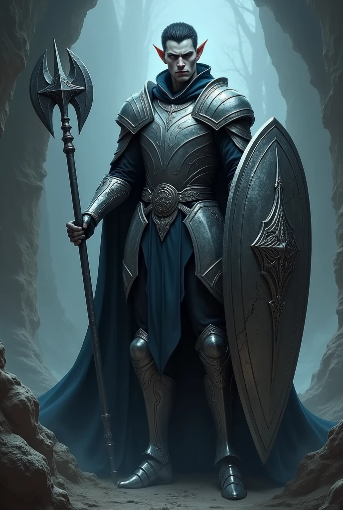 Male elf dark short hair vampire skin dark blue eyes no beard with silver heavy armor and silver closed helmet , mace and tower shield