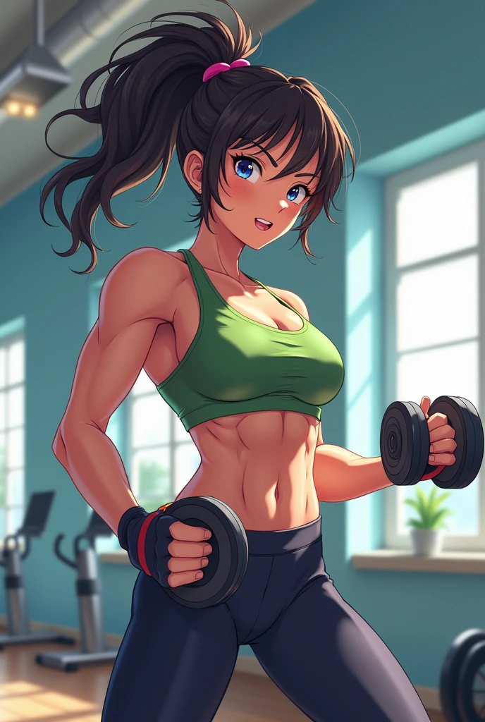 Anime woman exercising sweating