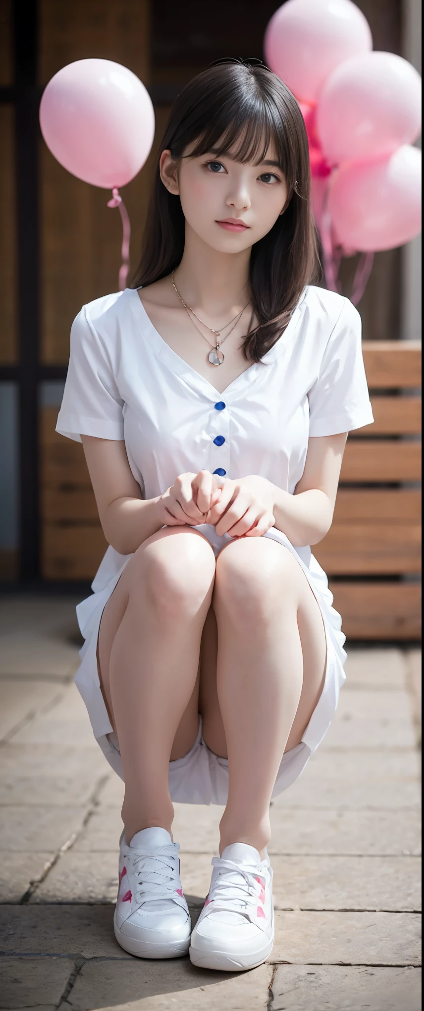 (masterpiece, Highest quality:1.2), 8k, Young and beautiful girl, 85mm,Official AR RAW Photos, Baby Face、Big Breasts、Show me your ears、photo shoot, Cute Face, Ultra-high-quality photo realistic edited photo full body ultra-realistic, Head to toe photos, Full body photo, Drunk beautiful and sexy white skinned Japanese net idol 1, A plain white button-collar short-sleeved shirt, Tops hanging from the chest, (Simple Necklace: 1.1), , 8k, Photographic realism, Pink balloons, Modern background, Long legs, thin, sneakers, Glowing Skin, Light reflected on the skin, Skin Aura, Pink Chanel handbag strap slung over shoulder, 8k,