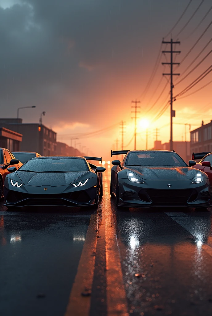 Lamborghini Huracan and Porsche 911 standing beside front look Ford cars in aggressive look full body get modification and some fog some rainy sunset time