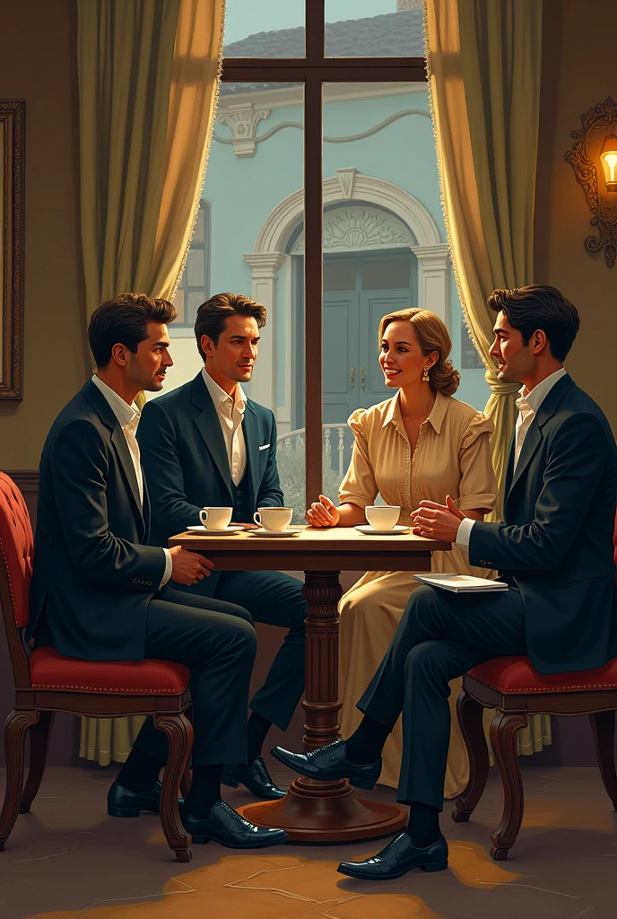 Cover for script, 4 people talking about Brazilian writers, leaving a play , in the 19th century, in a cafe talking