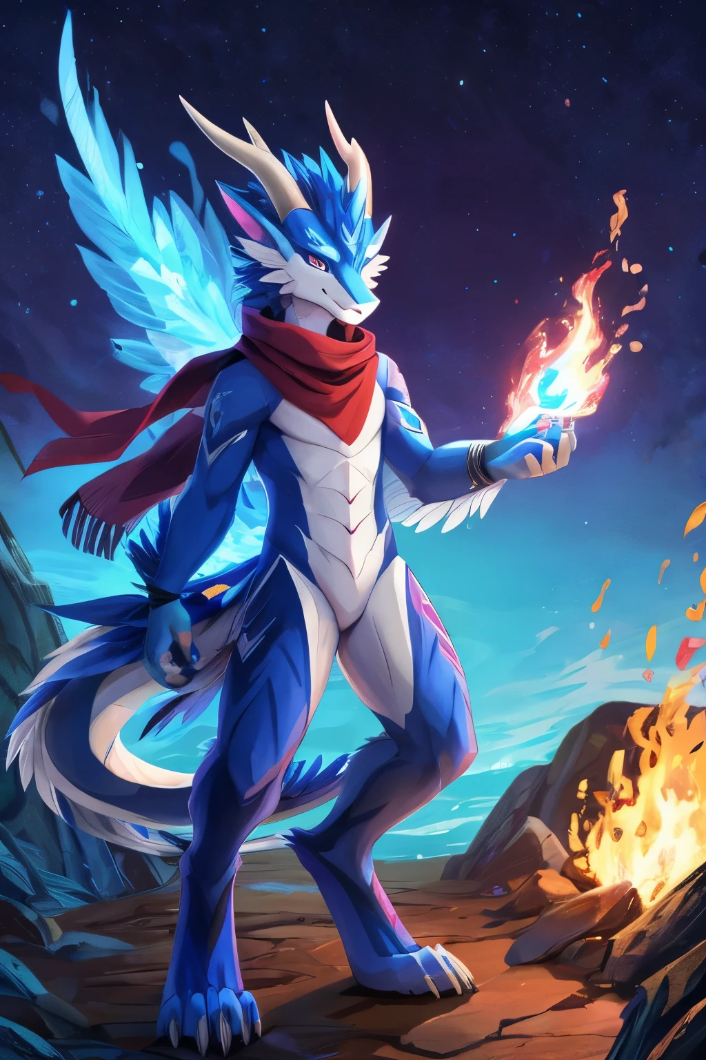 (anime), (front facing), (looking at the camera), slim furry white dragon using fire magic, blue secondary body color, (black, magenta and blue complimentary colors), spikes, very long muzzle, neck and tail fur, digitigrade, creative horns, feathers, dark gradient, (wearing only a scarf), body markings, nature background, full body