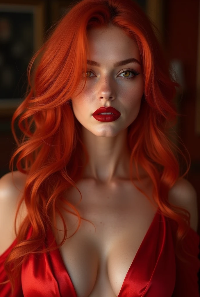 A sexy woman who has a charming appearance with long, wavy red hair that reaches her waist., as if every strand radiated a burning fire. His eyes are sharp and ruby red., and her full dark red lips often formed a thin, seductive smile.. With smooth skin like porcelain, she wore a red silk dress with a low cut, highlighting her perfect curves and charm that is hard to ignore.