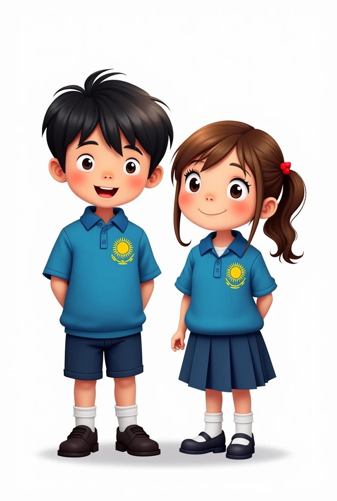 ((officially)) ((masterpiece)) ((Best quality)) ((detailed)) cartoon boy and girl in blue school uniform with Kazakhstan flag emblem on clothes on white background