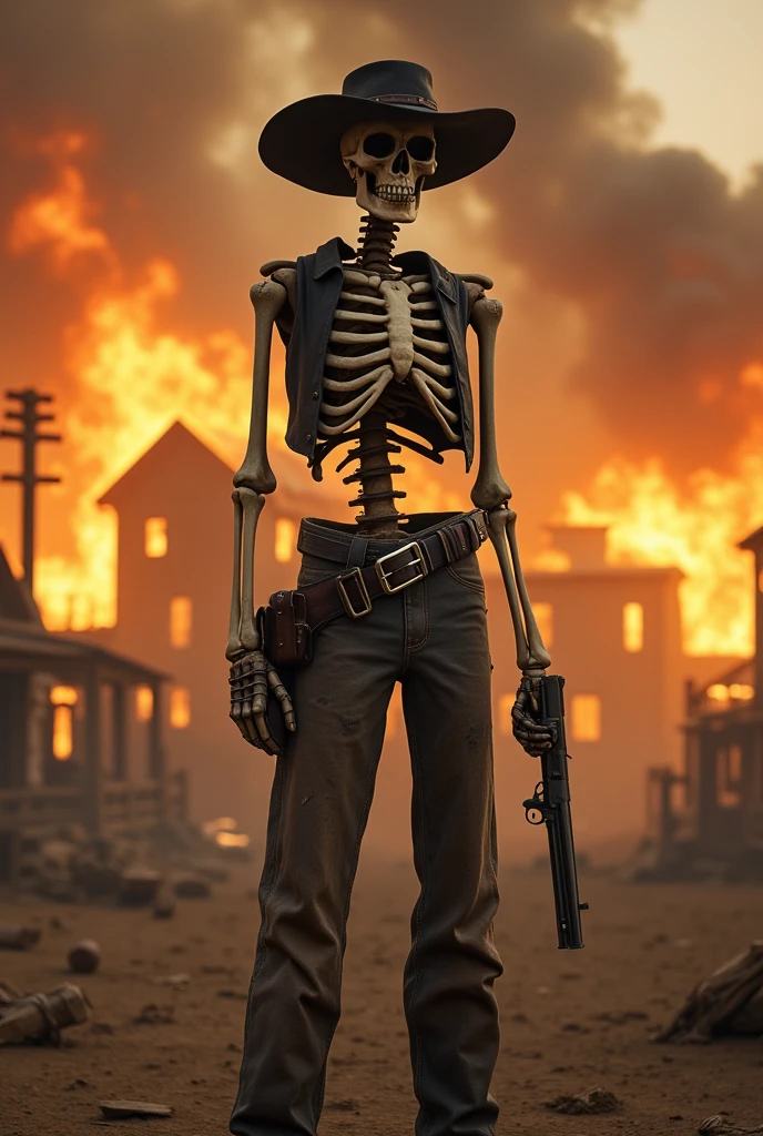 cinematic film still of a skeleton dressed in a cowboy outfit holding a colt gun,solo,gloves,1boy,hat,holding,weapon,male focus,outdoors,black gloves,belt,pants,cloud,holding weapon,gun,torn clothes,fire,holding gun,brown gloves,handgun,smoke,skull,arrow (projectile),holster,skeleton,cowboy hat,revolver,burning,holstered weapon , gun, handgun, pistol, revolver, wild west, western, red dead redemption style, Colt Single Action revolver handgun, gunslinger, fire in background, house on fire in background, smoke, wild west town shallow depth of field, vignette, highly detailed, high budget, bokeh, cinemascope, moody, epic, gorgeous, film grain, grainy