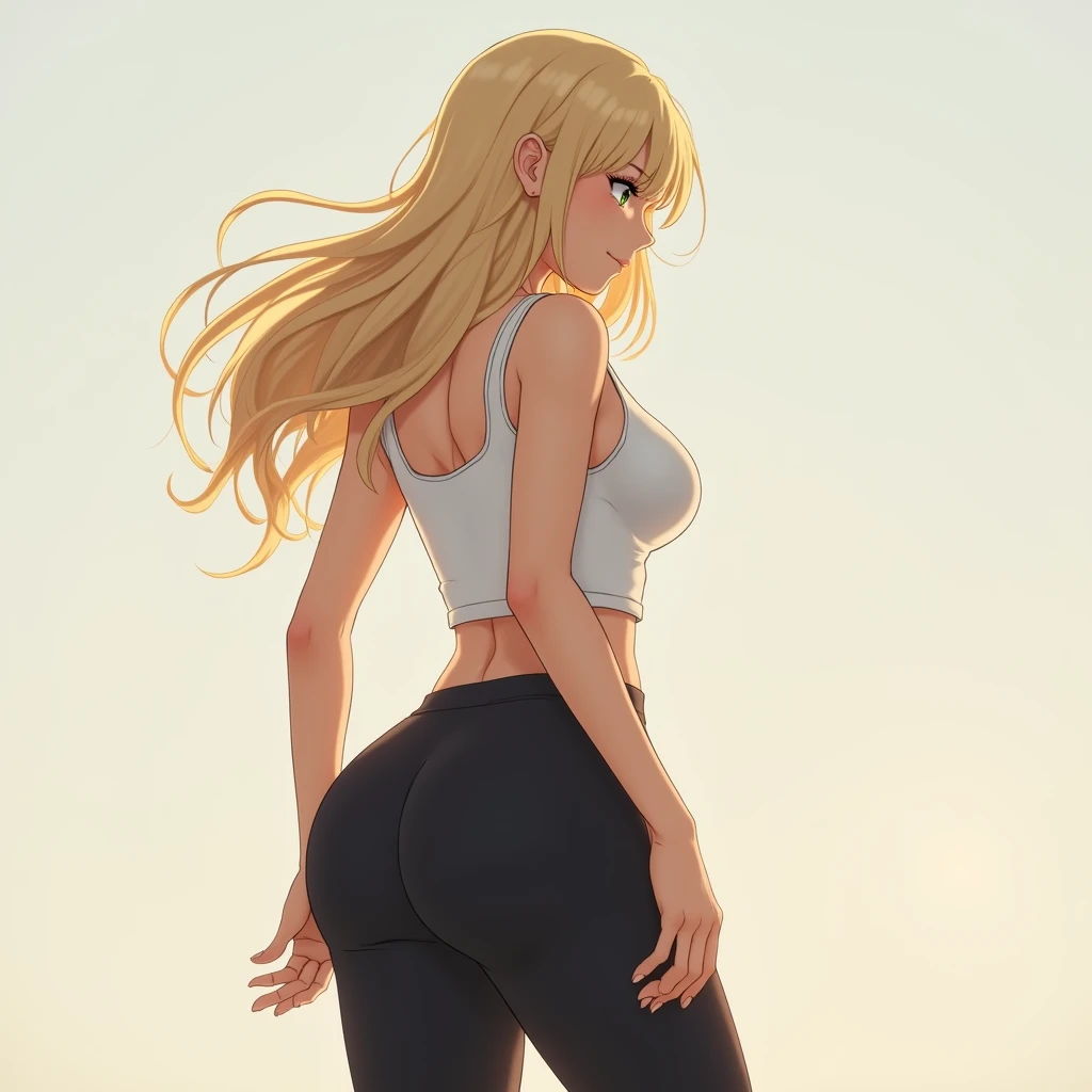 anime girl, long blonde hair, plain background, white tank top, slightly exposed midriff, tight black yoga pants, tall, curvy hourglass figure, prominent hips, from behind, not looking at viewer, walking and swaying hips.