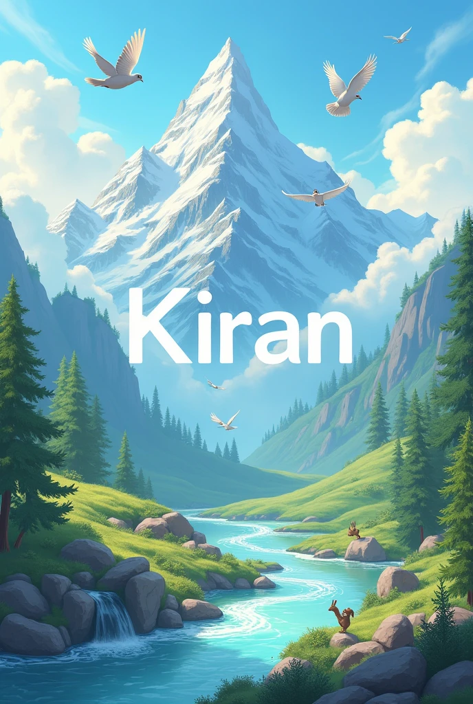 Mountain and rivers background and pigeons and write kiran and cute animals