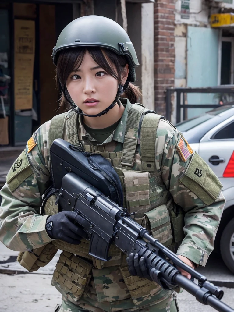 Female special forces soldier fighting with a machine gun in a war-torn city,Heavy breathing,