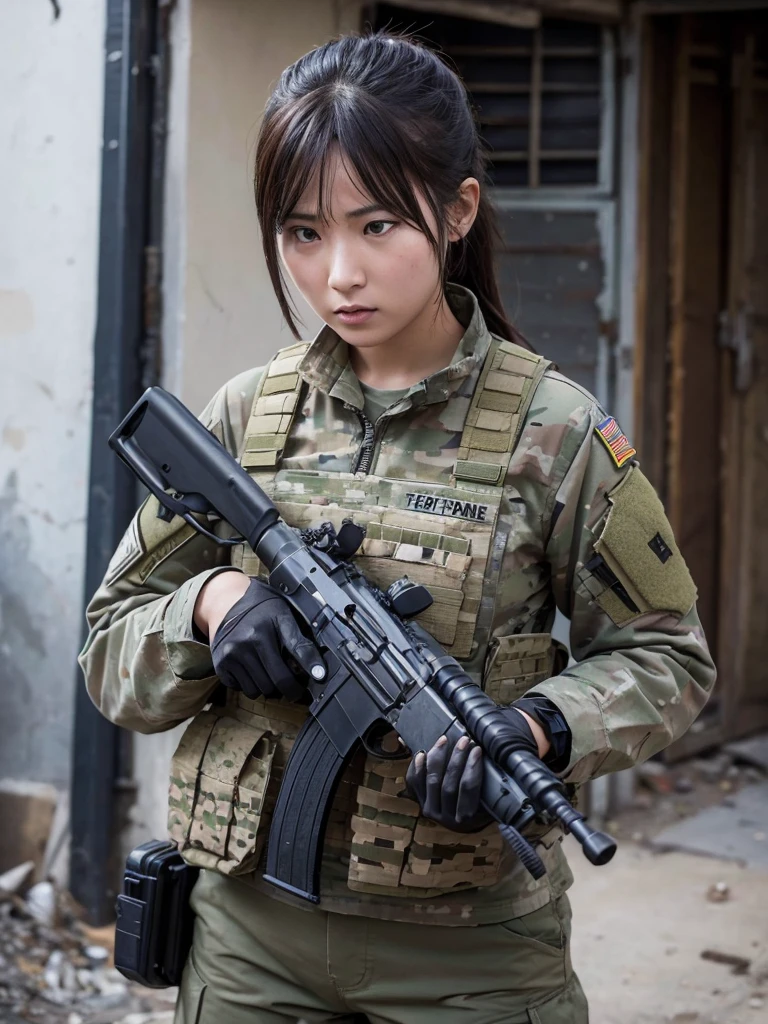 Female special forces soldier fighting with a machine gun in a war-torn city,Heavy breathing,