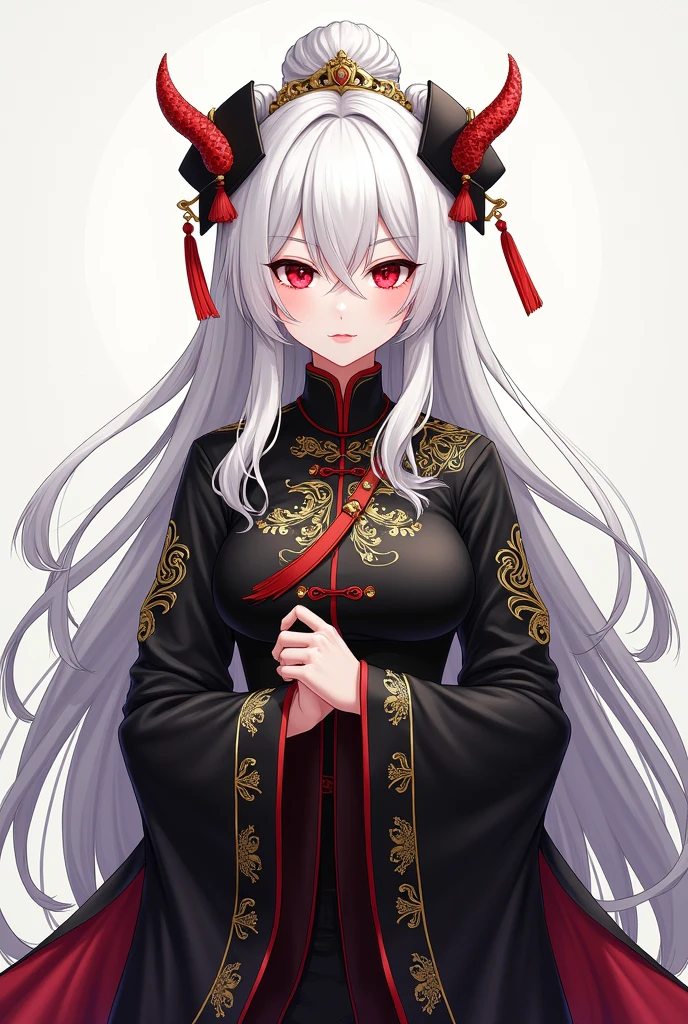 A white-haired woman with ruby red eyes wearing black Chinese style clothes with gold patterns, anime art,human race,,Full body