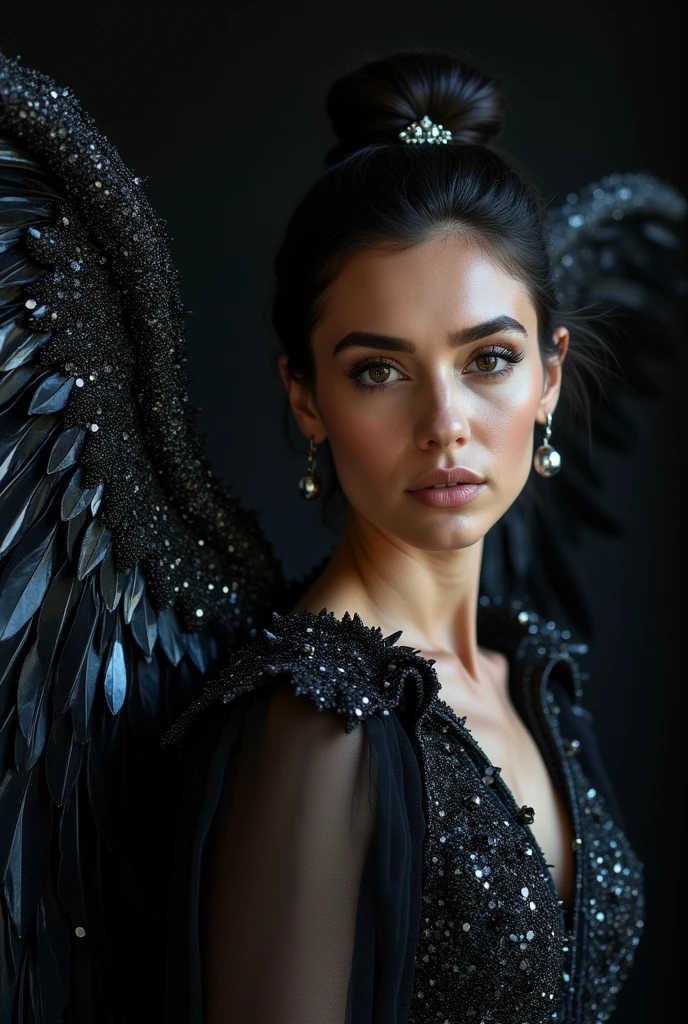 A luxury raw photo, close up, woman ((Latin features)) with ((gigantic)) black wings, captured in a half-length portrait. Her giant wings are made of (((small, luxurious ice crystals, high details, details intrincated inspired in Swarovski))) Each feather has silver, glow and sparkles. The shine of the wings reflects on her body, creating dazzling sparkles on her porcelain-white skin. She wears a high bun, with a hair clip that shines, showing her beauty. dark that elegantly contrasts with her fair complexion. The image is full of intricate and meticulous details, from the ((textures of the crystal-filled wings)) to the shine reflected on her skin, highlighting her strength and beauty.