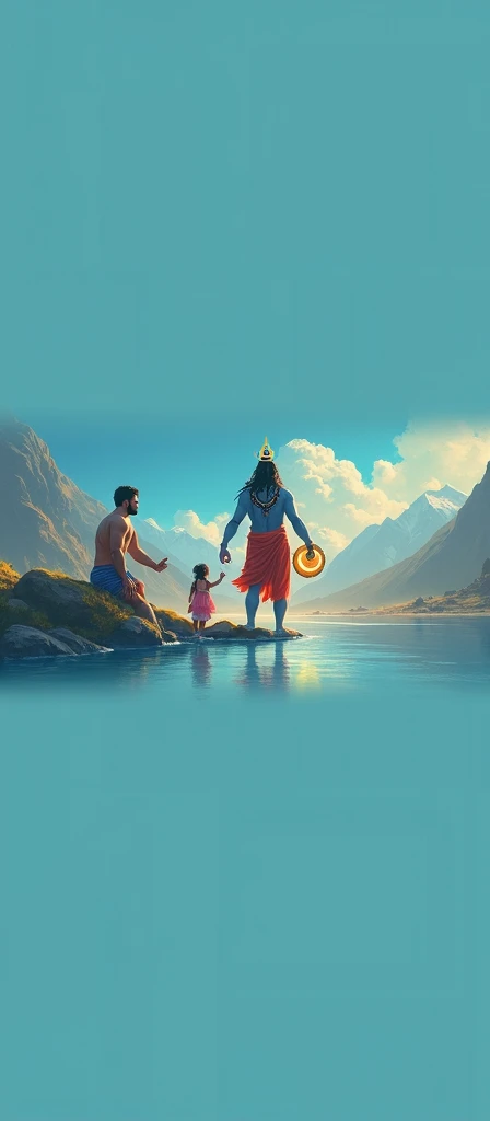 Lord shiva playing damru in front of a man and his small daughter