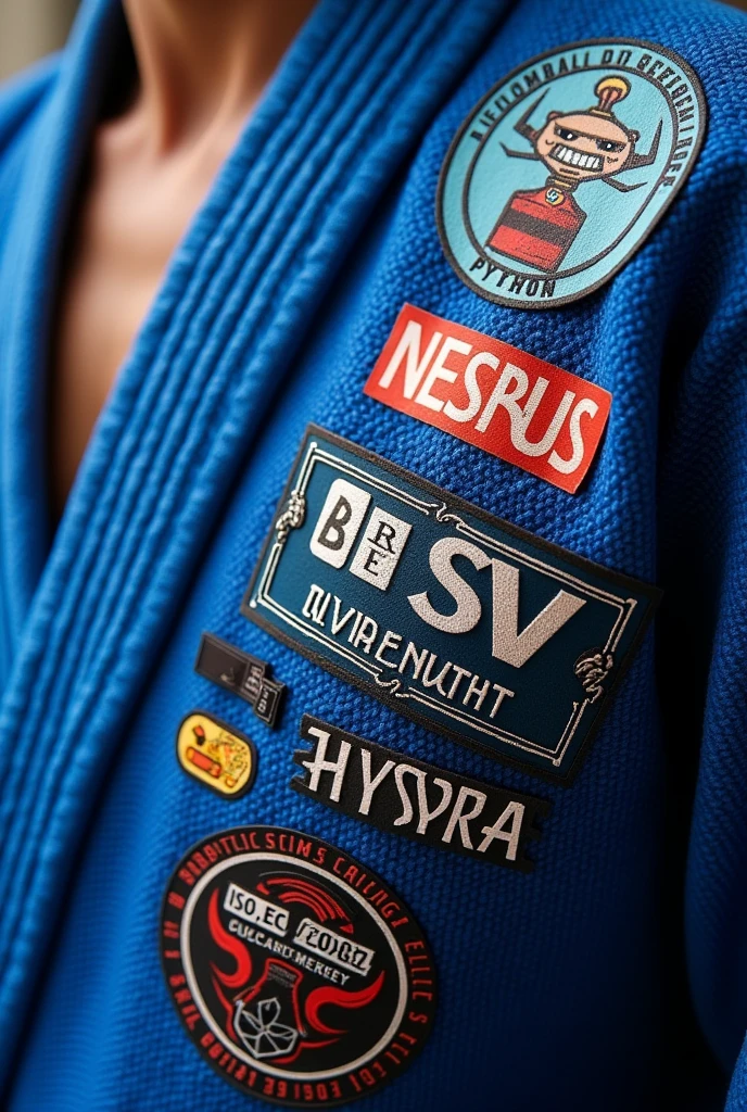 Make a sticker or stickers to personalize my bjj kimono with cybersecurity references like kali linux, python program code, nessus , Hydra ,iso 20001