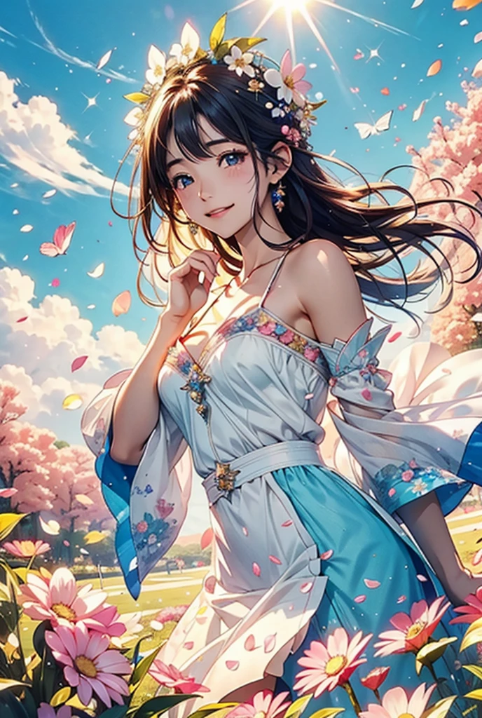 Fluttering petals、In the sparkling sun、I'm holding you tight、With you in my heart、Fluttering petalsの、Under the sparkling sun、The two of us have always been、It's okay because we're always connected、3D Rendering, Artistic, Super detailed, Soft Light, High resolution, Sparkle Effect, accurate,