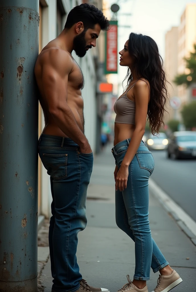 There is a strong hairy and bearded Iranian man standing, TURNED ON YOUR BACK, leaning against an electricity pole on the sidewalk, open pants, Bulge, beautiful woman in casual clothes in front of you.
