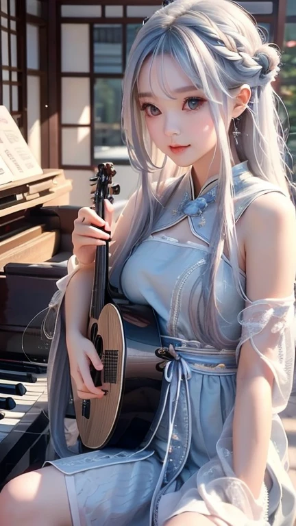 Two Girls, A girl is holding a piano, A girl is holding a lute, Gray Hair, Cyansia Fantasy, CG Social Popularity, Chinese Tower, Potential customers emerge, Hair is scattered, Motion Blur, Cinema Lighting, Blurred foreground, Motion Lines, Attention to detail, 16K, High resolution, Textured skin, Super Detail