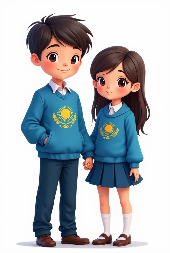 ((officially)) ((masterpiece)) ((Best quality)) ((detailed)) cartoon boy and girl in blue school uniform with Kazakhstan flag emblem on clothes on white background