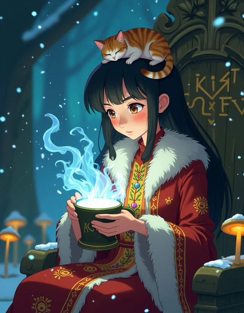 Ghibli Studio style, vibrant colors, close-up of a beautiful enchantress's hands holding a mug overflowing with swirling, luminescent mist. She wears a richly embroidered mage coat with fur accents, seated in a throne carved from a living tree that glows with runes. A calico cat sleeps peacefully on her head, glowing mushrooms around, snowflakes drifting into her grove dwelling, a sense of powerful yet gentle magic.
