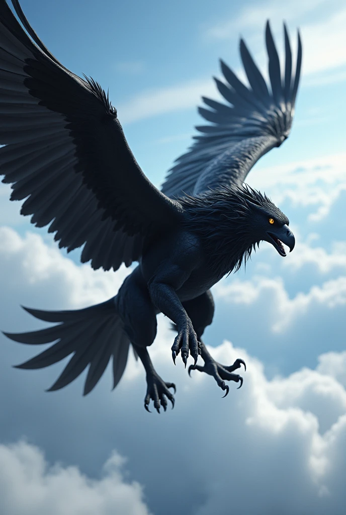 from above, Black Griffon, Swooping from the sky, Dive, Head down and down, Wings of the Wind, Toned Muscles, Cool silhouette
